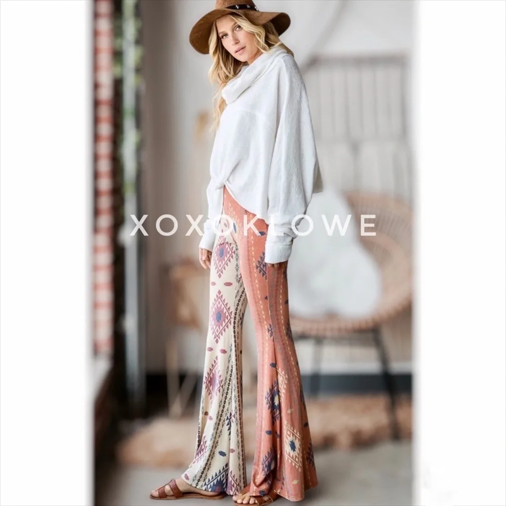 Aztec Print Half & Half Bell Bottom Flares High Waist Slim Fit - Picture 8 of 15